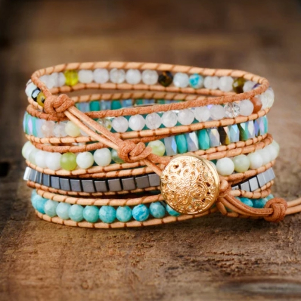 Amazonite Leather Handmade Beaded Wrap Bracelet - Picture 2 of 5